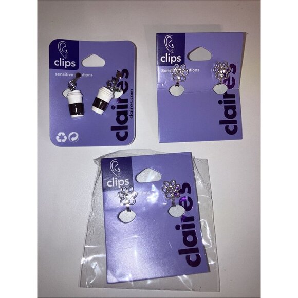 Claire’s Clip On Earrings Bundle of 3 New Coffee Cups and Dog Paws - Picture 1 of 4